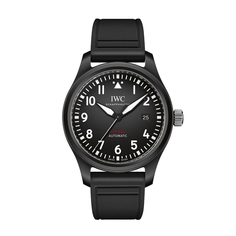 The IWC Schaffhausen Pilots Watch Automatic Top Gun features a black ceramic case, white numerals, date display at 3 o’clock, and “Top Gun” text above 6 o’clock.