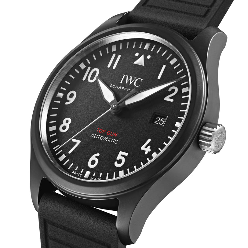 Close-up of the IWC Schaffhausen Pilots Watch Automatic Top Gun, featuring a black strap and date display.
