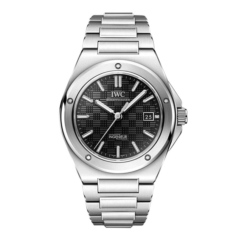 The IWC Schaffhausen Ingenieur Automatic 40 is a silver stainless steel wristwatch featuring a black patterned dial and a date display at 3 o’clock.