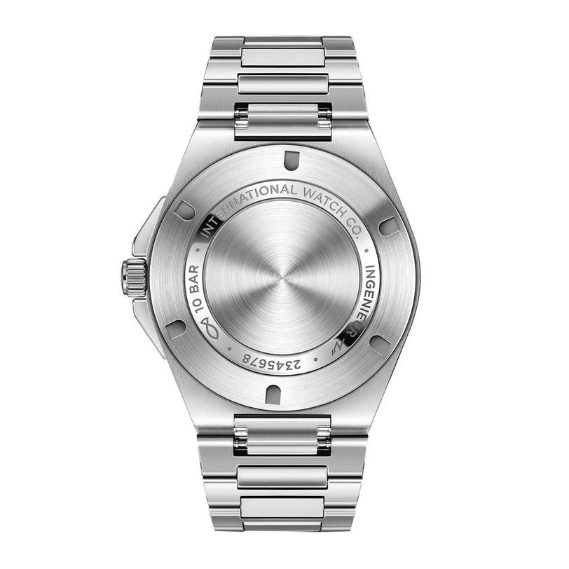 Back view of the IWC Schaffhausen Ingenieur Automatic 40, featuring a stainless steel case, metal bracelet, and engraved caseback details.