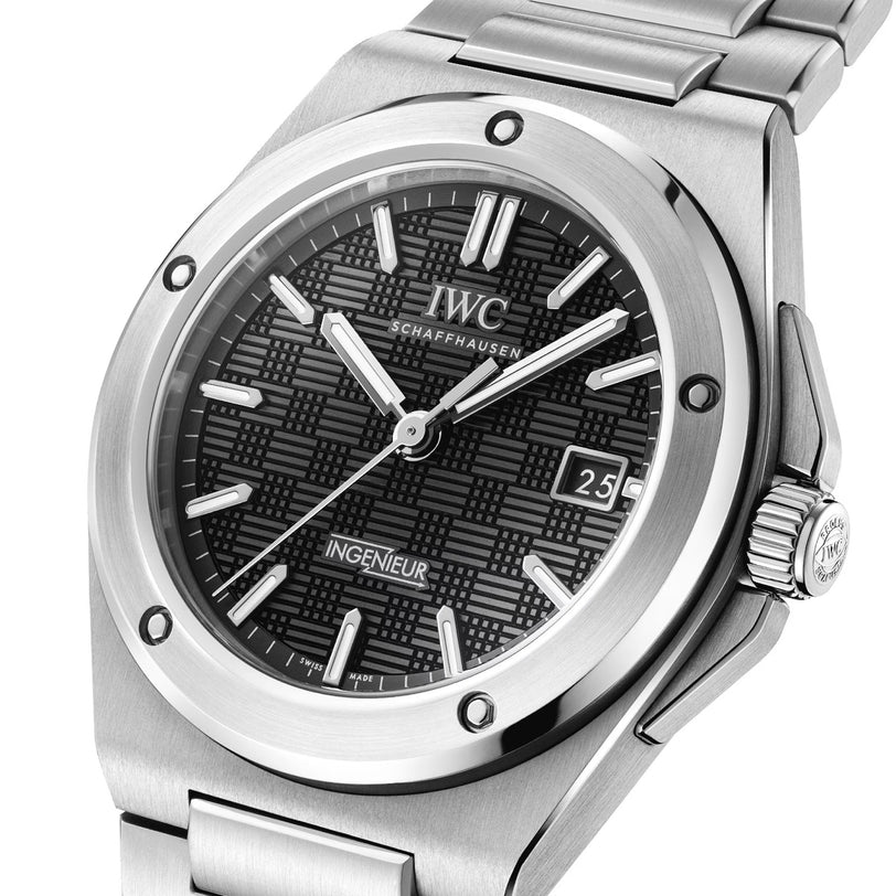 Close-up of the IWC Schaffhausen Ingenieur Automatic 40 wristwatch featuring a silver case, black textured dial, and silver hour markers.