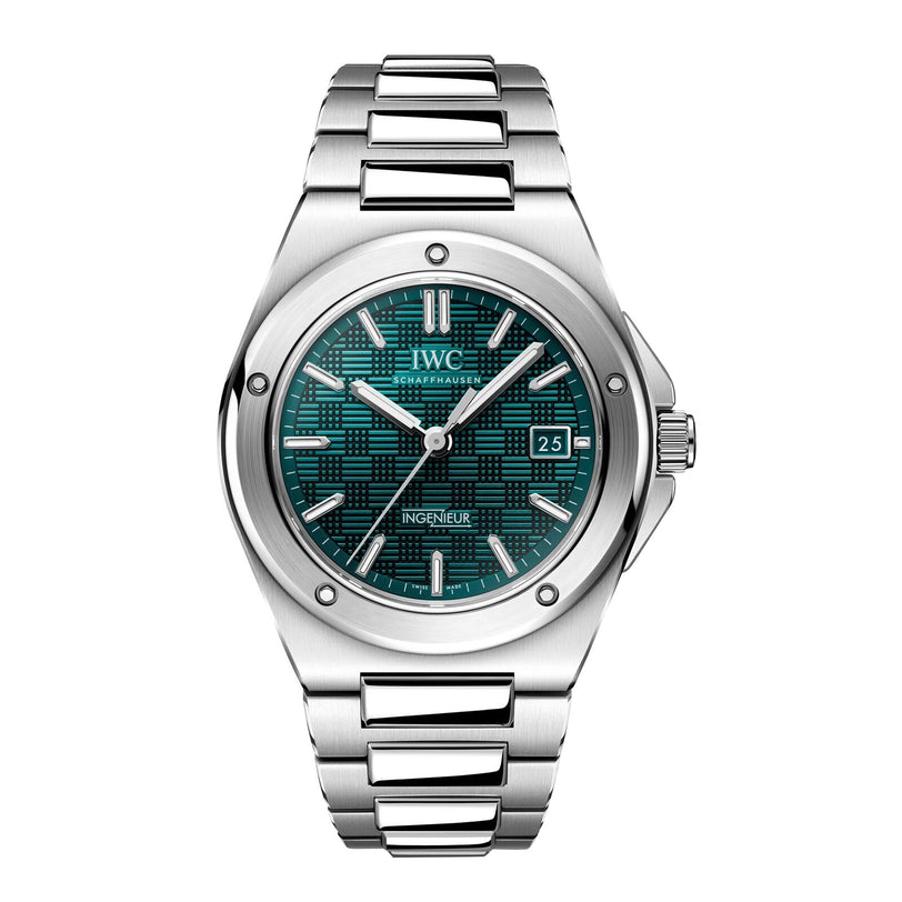 The IWC Schaffhausen Ingenieur Automatic 40 is a silver wristwatch featuring a teal patterned dial, metal band, and a date display at the 3 o’clock position.