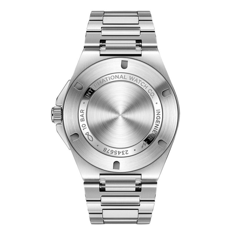 Back view of the IWC Schaffhausen Ingenieur Automatic 40, featuring a stainless steel case with engraved details and a metal link bracelet.