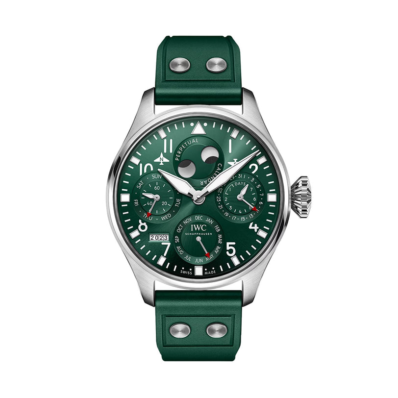 The IWC Schaffhausen Big Pilots Watch Perpetual Calendar features a green dial, stainless steel case, perpetual calendar with day, date, month, year indicators, moon phase display, and a green leather strap.