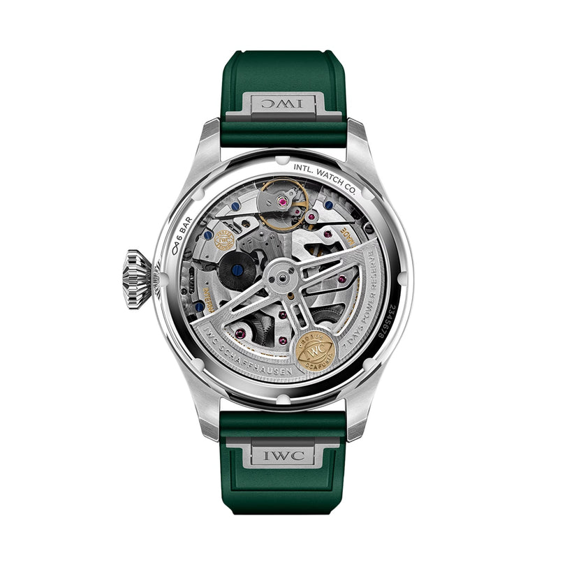 A close-up of the Big Pilots Watch Perpetual Calendar by IWC Schaffhausen, featuring a transparent case back that reveals its intricate mechanical movement and a striking green strap.