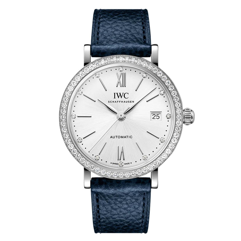 IWC Schaffhausen Portofino Automatic 37 with diamond bezel, silver case, blue leather strap, and date display at 3 o’clock.