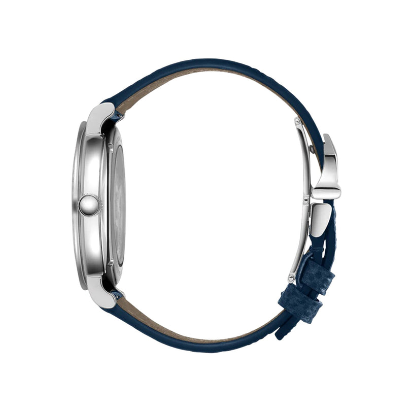 Side view of the IWC Schaffhausen Portofino Automatic 37 wristwatch with a silver case and blue leather strap on a white background.