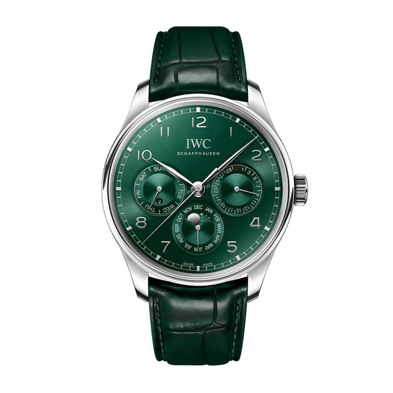 The IWC Schaffhausen Portugieser Perpetual Calendar 42 features a silver case, green leather strap, and multiple subdials displaying day, date, month, and power reserve—an elegant example of Haute Horlogerie.