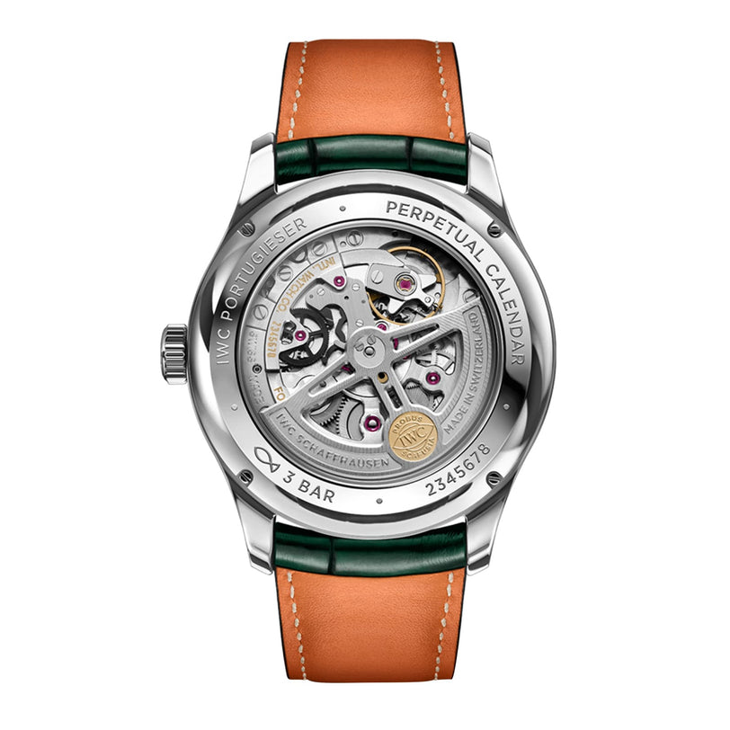 Back view of the IWC Schaffhausen Portugieser Perpetual Calendar 42, featuring its exposed mechanical movement, intricate engravings, and a brown leather strap with green-edged accents.