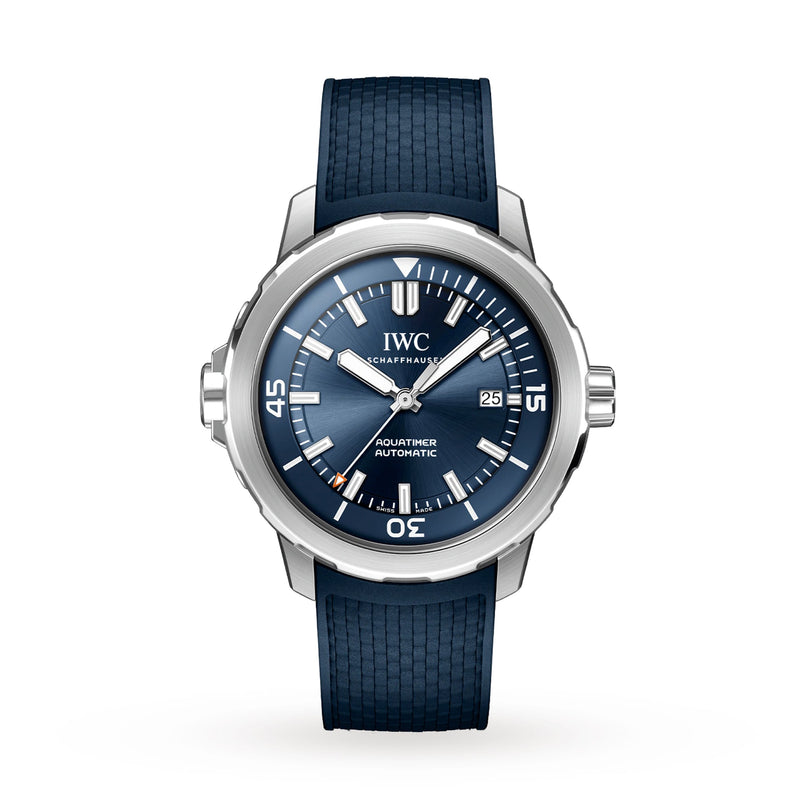 The IWC Schaffhausen Aquatimer Automatic features a stainless steel case, blue dial with white markers, date display, textured blue rubber strap, and displays the time as 10:10.