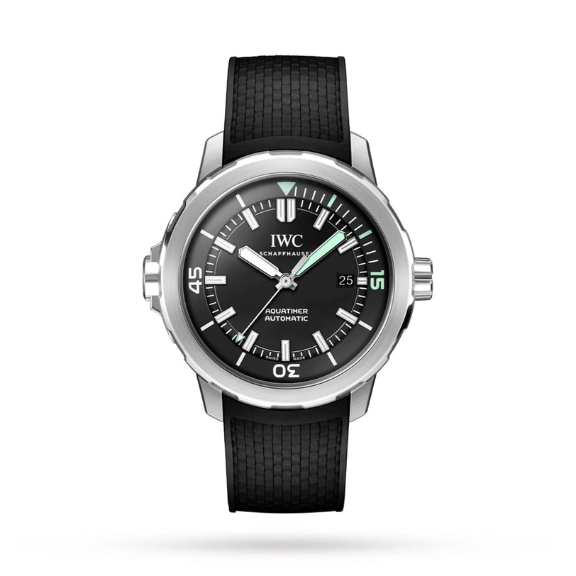 The IWC Schaffhausen Aquatimer Automatic wristwatch features a black rubber strap, silver rotatable bezel, and a luminescent dial with glowing hands and markers, displayed on a white background.