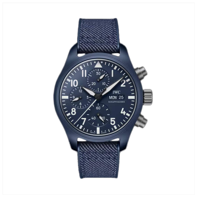 The IWC Schaffhausen Pilots Watch Chronograph 41 Top Gun Oceana, featuring a blue dial with three subdials, day-date display, silver pushers, and a textured blue strap, is shown against a white background.