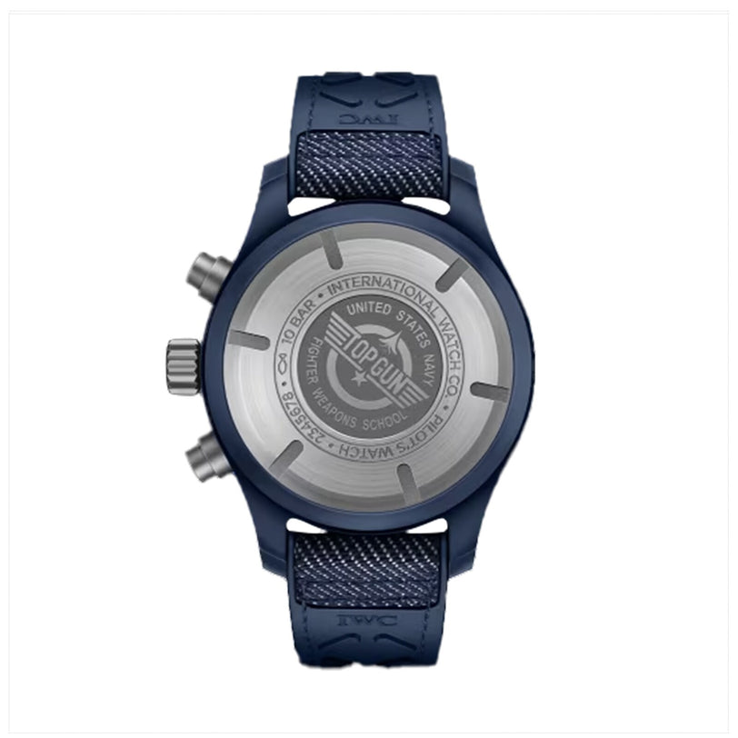 The IWC Schaffhausen Pilots Watch Chronograph 41 Top Gun Oceana is a blue chronograph with a metal case back engraved with TOPGUN and United States Navy Fighter Weapons School, powered by the IWC 69380 calibre.