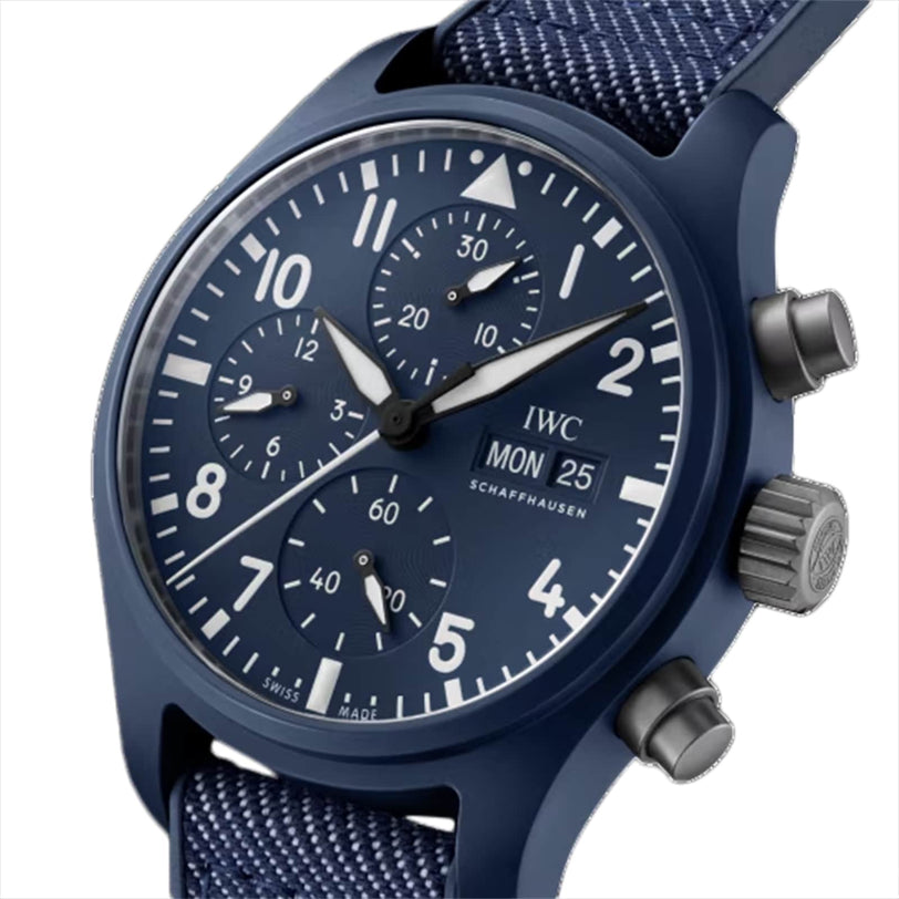 Close-up of the IWC Schaffhausen Pilots Watch Chronograph 41 Top Gun Oceana with a blue case, fabric strap, three subdials, day-date display, and powered by the IWC-manufactured 69380 calibre.