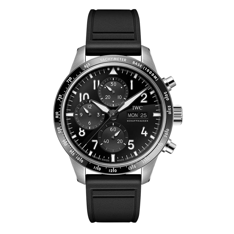 The IWC Schaffhausen Pilots Watch Performance Chronograph 41 AMG features a titanium case, black dial with three subdials, day/date display, tachymeter scale, sapphire glass, and a black rubber strap.