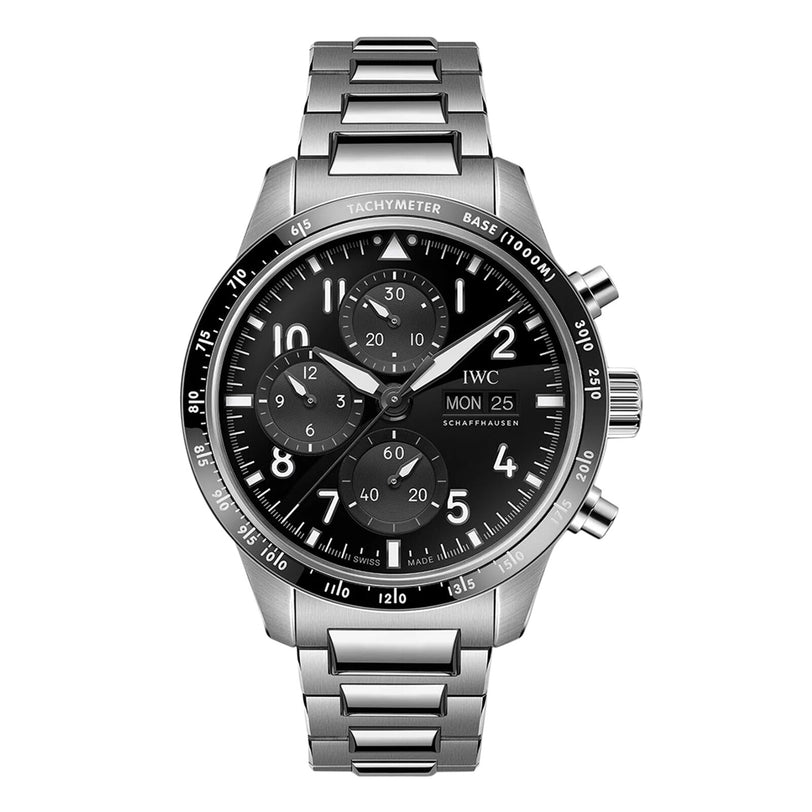 The IWC Schaffhausen Pilots Watch Performance Chronograph 41 AMG features a stainless steel case, black chronograph dial with three subdials, day/date display, and a metal link bracelet.