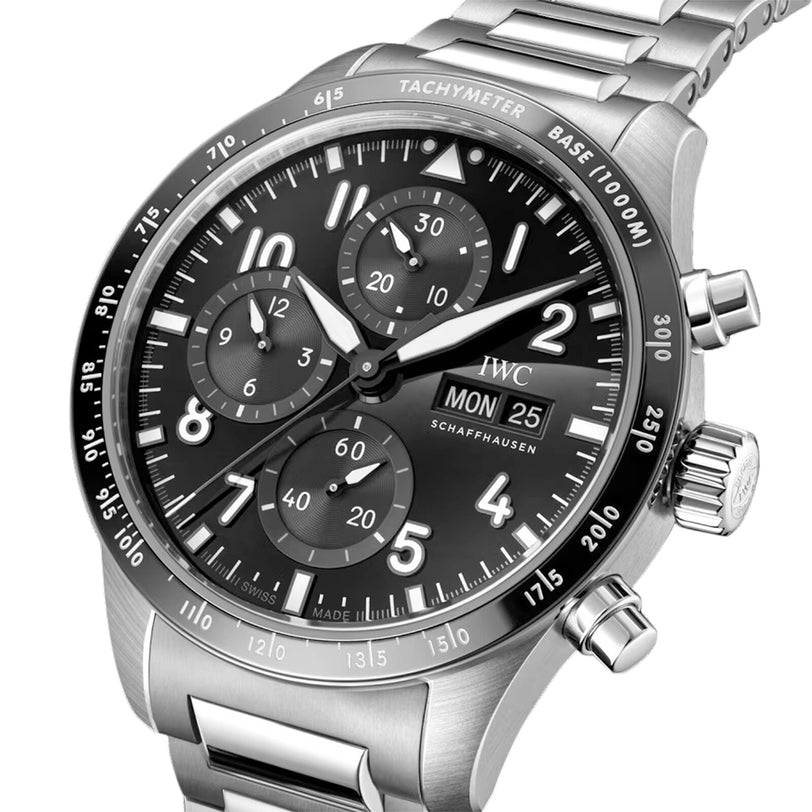 The IWC Schaffhausen Pilots Watch Performance Chronograph 41 AMG features a stainless steel case, black dial, sapphire glass, three subdials, day and date display, and a metal bracelet.
