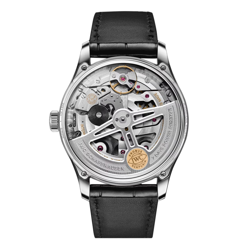 A close-up of the IWC Schaffhausen Portugieser Automatic 42 shows its stainless steel case, black leather strap, and exposed intricate movement featuring the in-house 52011 calibre.