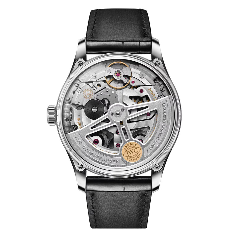 The IWC Schaffhausen Portugieser Automatic 42 offers a visible mechanical movement with intricate gears in a stainless steel case, black leather strap, and is powered by the precise 52011 calibre.