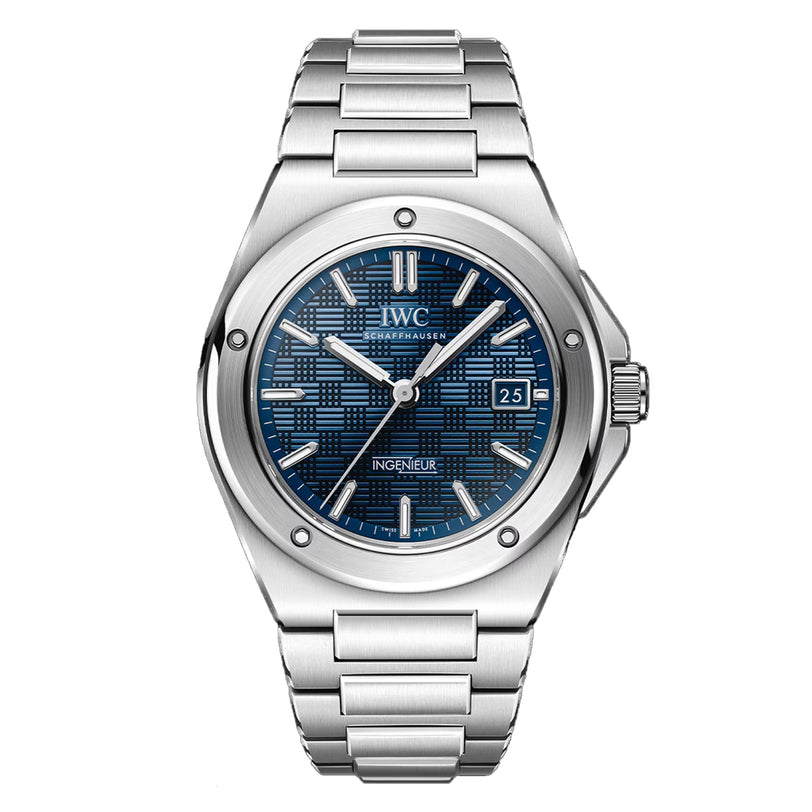 The IWC Schaffhausen Ingenieur Automatic 40 features a silver case, blue patterned dial, silver hour markers, metal link band, and date display.