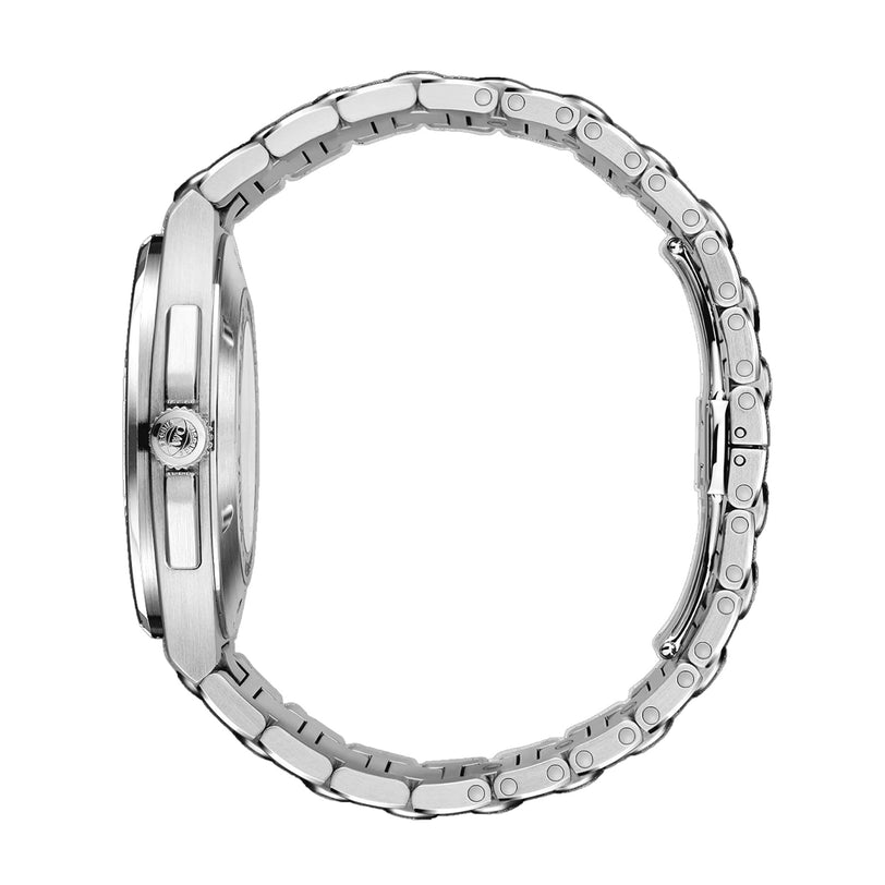 Side view of the IWC Schaffhausen Ingenieur Automatic 40 wristwatch, featuring a silver metal linked band and a round case.