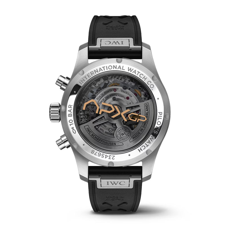 Back view of the IWC Schaffhausen Pilot’s Watch Chronograph 41 APXGP, featuring a transparent caseback displaying the mechanical movement with an “AMG” rotor and a black rubber strap using the EasX-CHANGE system.