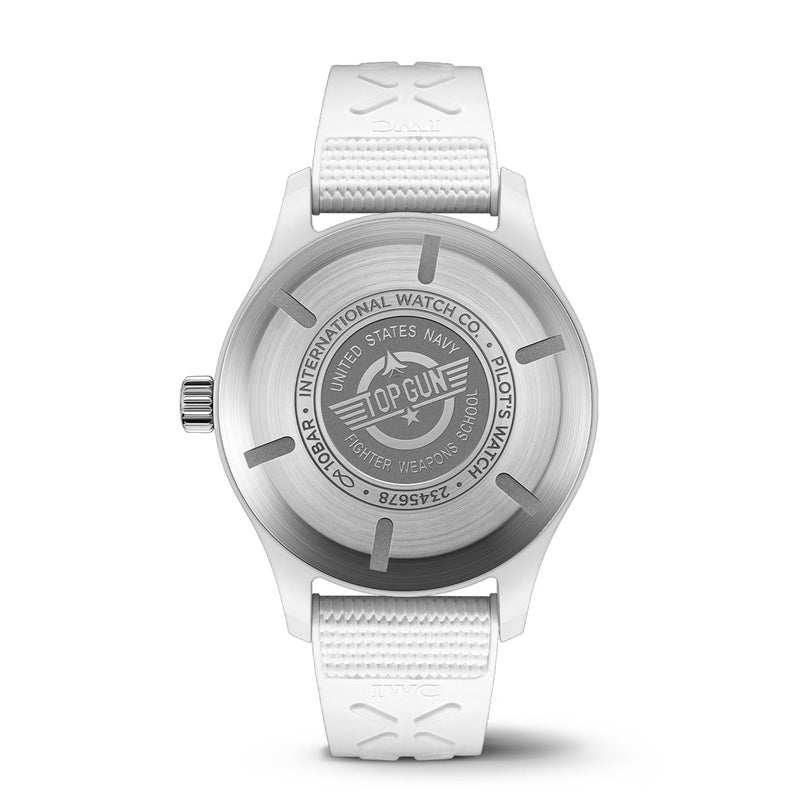 The IWC Schaffhausen Pilots Watch Automatic 41 Top Gun Lake Tahoe features a white textured strap and an engraved TOP GUN Lake Tahoe United States Navy Fighter Weapons School logo with serial numbers on the back.