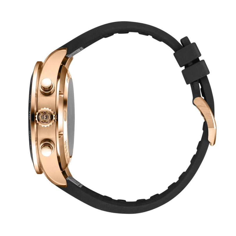 Side view of the IWC Schaffhausen Pilots Watch Performance Chronograph 41 with an 18-carat gold case, two buttons, a crown, and a black rubber strap, photographed against a white background.