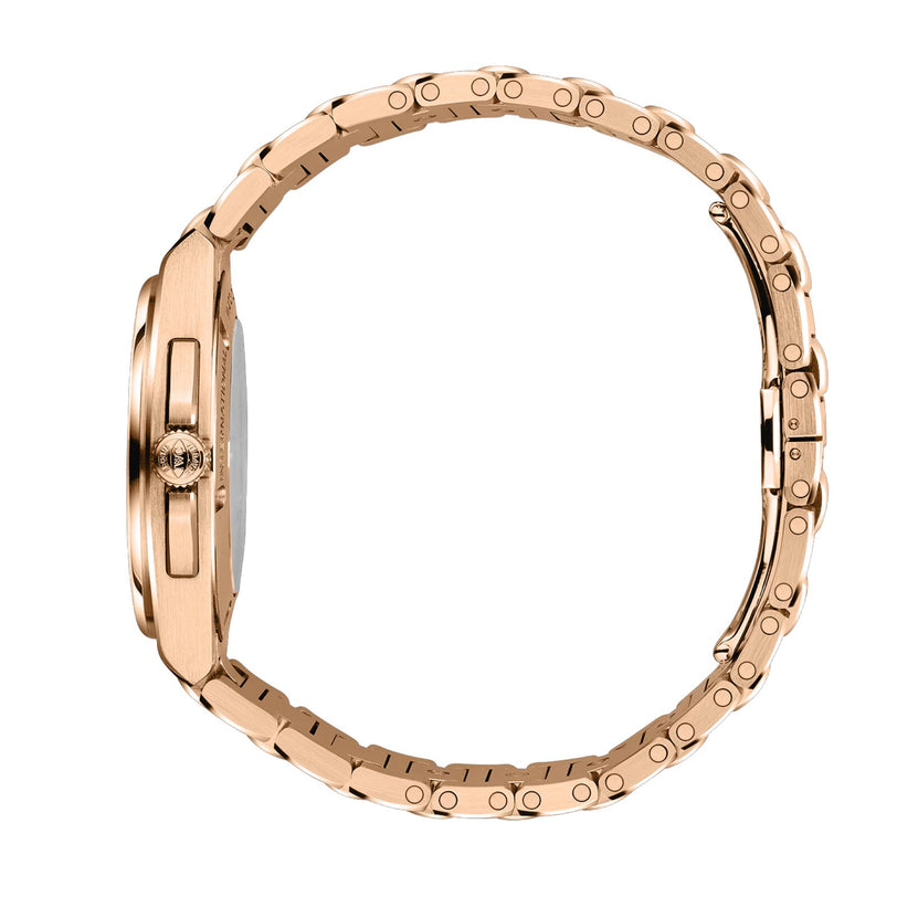 Side view of the IWC Schaffhausen Ingenieur Automatic 35, featuring a gold round case, metal link bracelet, and visible crown and clasp.