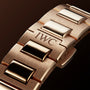 Close up of the clasp of IWC Schaffhausen’s Ingenieur Automatic 35 gold wristwatch