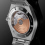 Close-up of the IWC Schaffhausen Ingenieur Automatic 35’s transparent case back revealing its intricate mechanical movement.