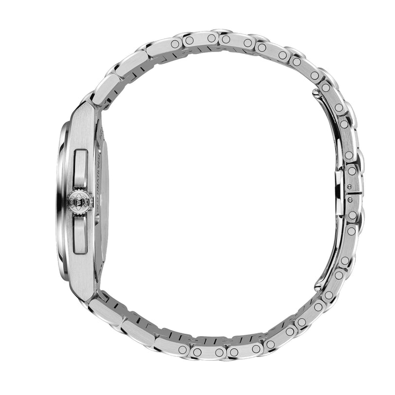 Side view of the IWC Schaffhausen Ingenieur Automatic 35, featuring a stainless steel case and bracelet, with focus on the crown, thickness, and subtle exhibition case back.