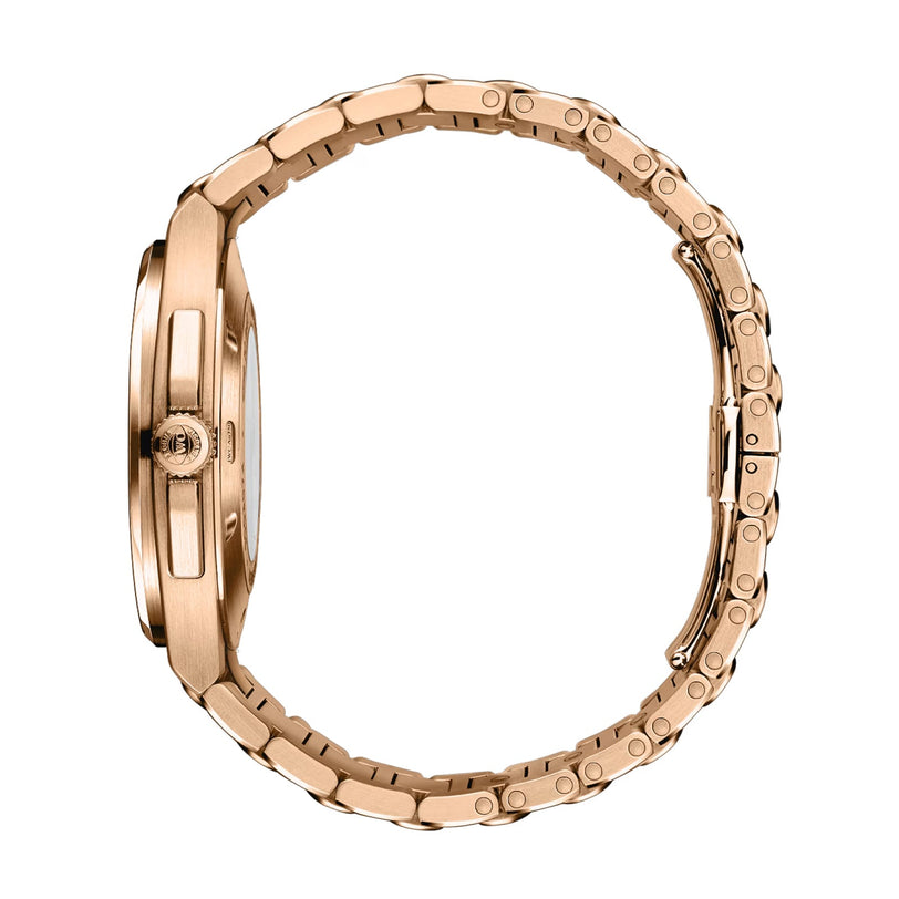 Side view of the IWC Schaffhausen Ingenieur Automatic 40, a luxury timepiece in 18-carat gold with a metal link band and clasp, showcasing the crown and case profile against a white background.