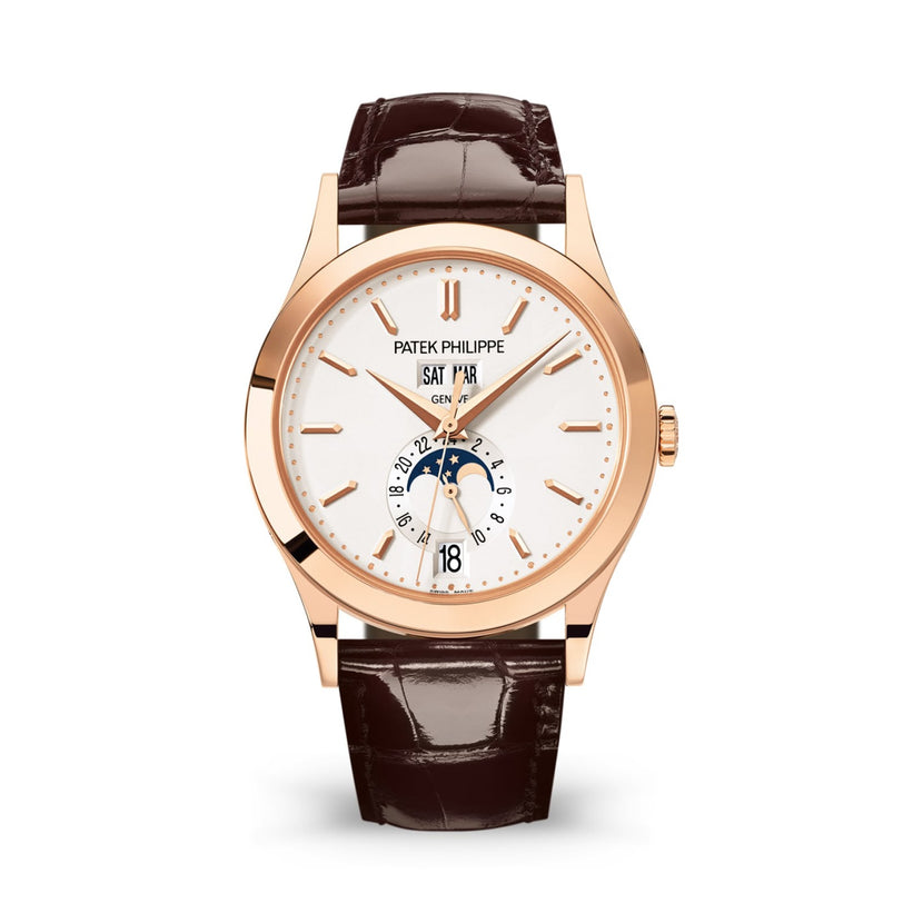 Patek Philippe Complication 5396R-011: gold watch with brown leather strap, white dial, moonphase, and calendar displays.