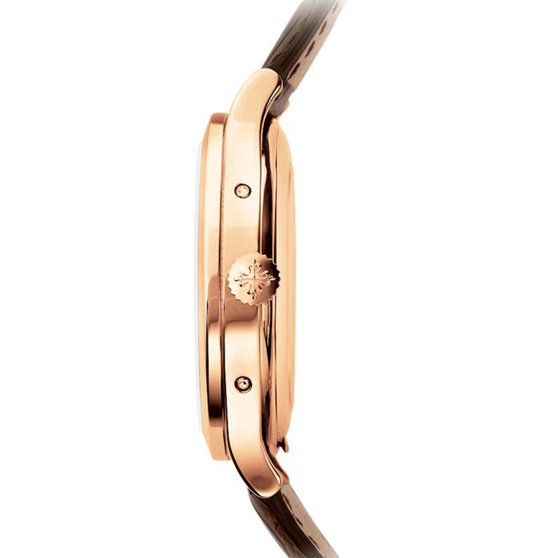 Side view of the Patek Philippe Complication 5396R-011, featuring a gold case, brown leather strap, and decorative crown.