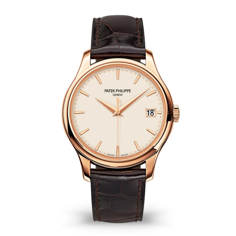 The Patek Philippe Calatrava 5227R-001 is a gold wristwatch with a white dial, date display, and brown leather strap.