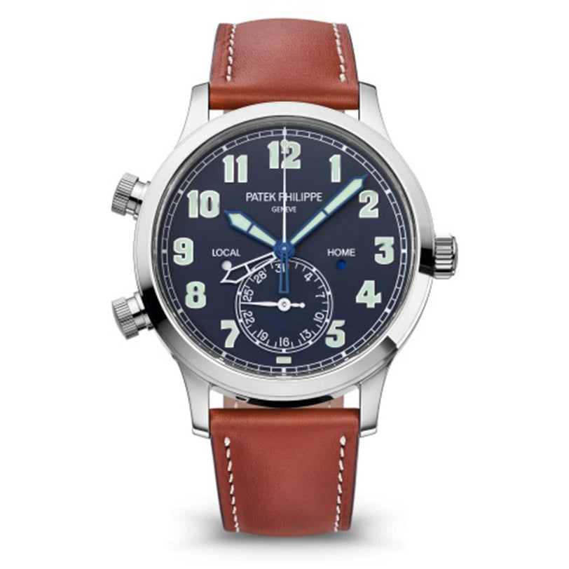 Patek Philippe Complication 5524G-001: silver watch with a brown leather strap, blue dial, dual time zones, and white numerals.