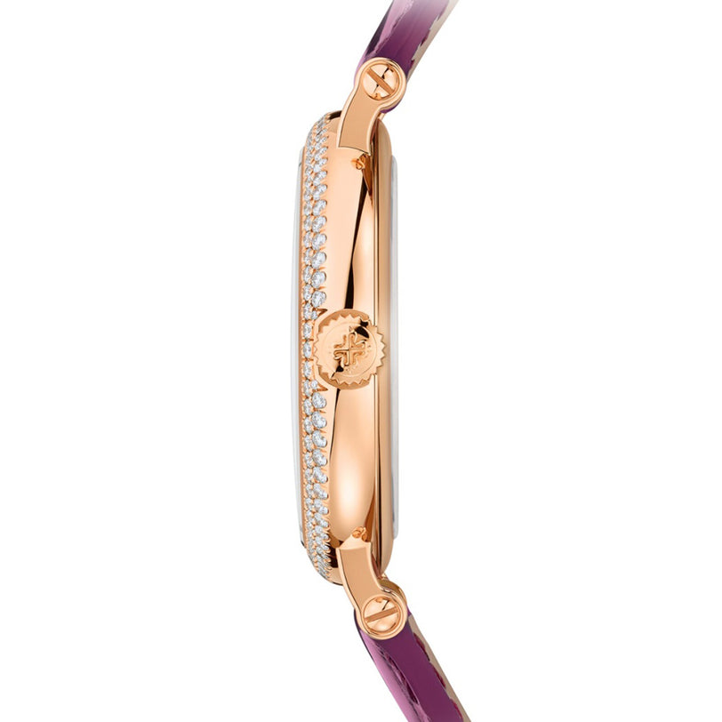 Side view of the Patek Philippe Calatrava 7200/200R-001, a rose gold wristwatch with diamond accents and a purple strap.