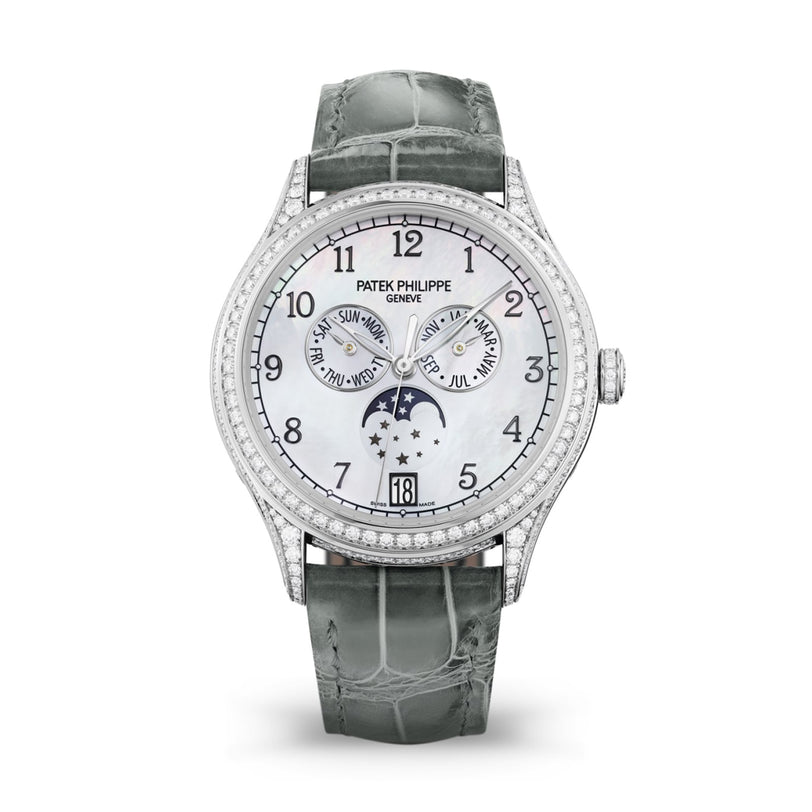The Patek Philippe Complication 4948G-010 is a luxury watch featuring a diamond bezel, grey leather strap, and multiple subdials on its white dial.