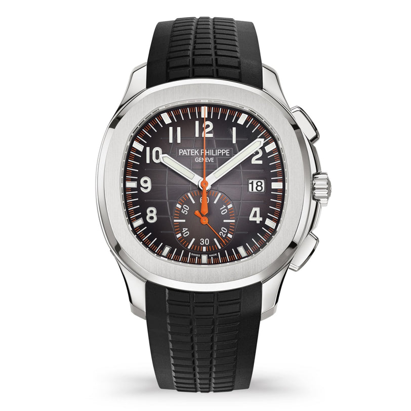 Patek Philippe Aquanaut 5968A-001 wristwatch featuring a black strap, black dial, white numerals, and orange accents.