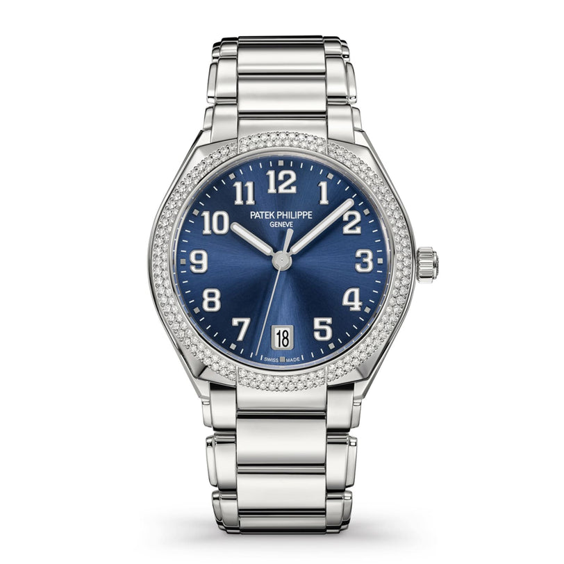 The Patek Philippe Twenty~4 7300/1200A-001 features a silver case, blue dial, diamond bezel, and metal bracelet, showing the time 10:08.