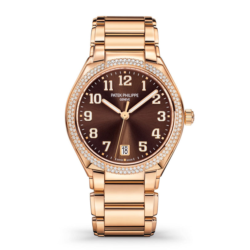 The Patek Philippe Twenty~4 7300/1200R-001 is a rose gold wristwatch with a brown dial and diamond-encrusted bezel.