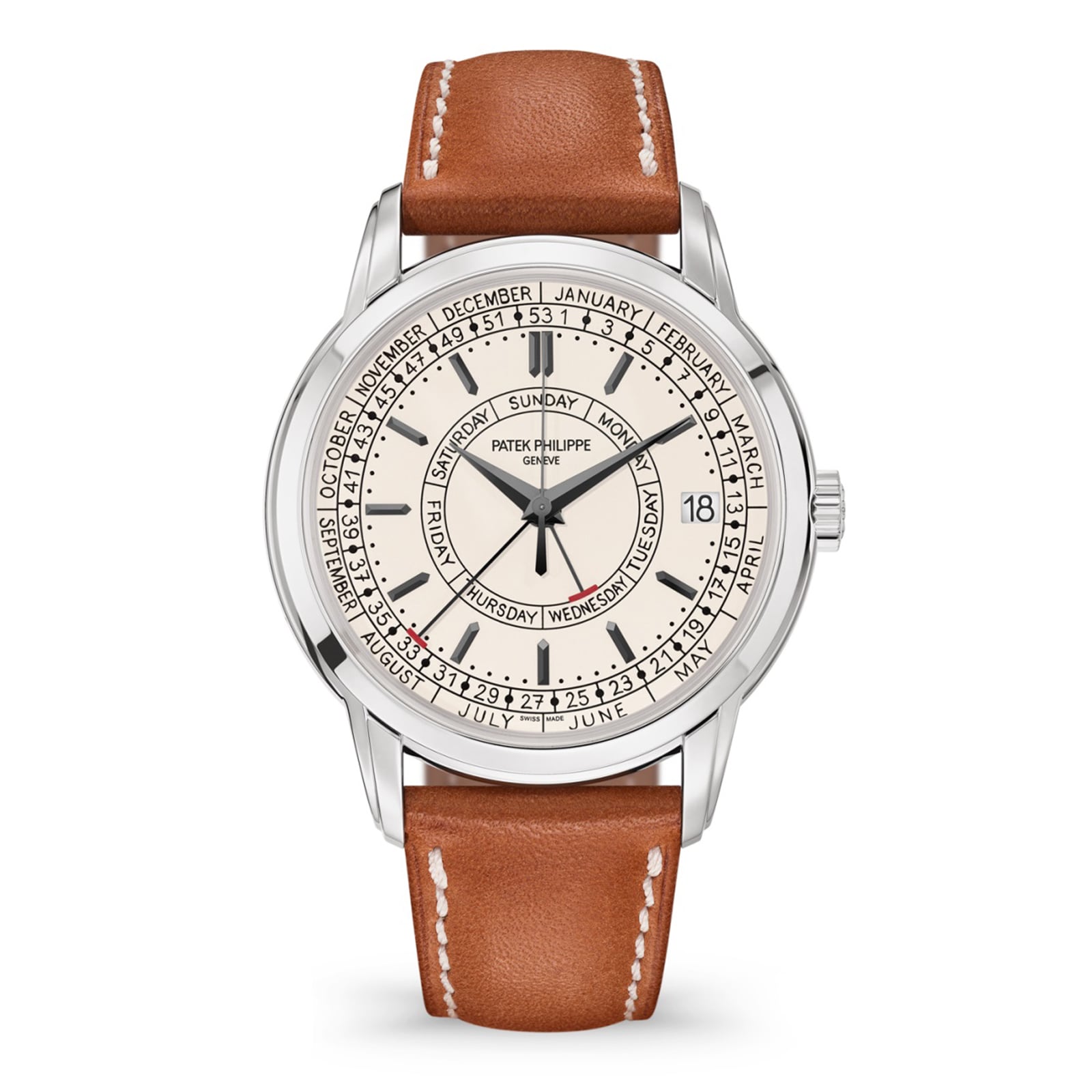 The Patek Philippe Complication 5212A-001 features a silver case, brown leather strap, and a white dial displaying calendar months and days.
