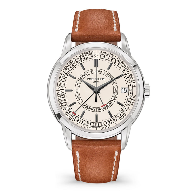 The Patek Philippe Complication 5212A-001 features a silver case, brown leather strap, and a white dial displaying calendar months and days.