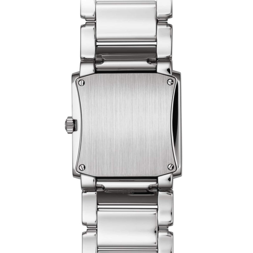 The Patek Philippe Twenty~4 4910/1200A-001 features a silver metal link bracelet and a smooth, brushed rectangular case back, showcased from the reverse view.