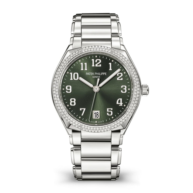 Patek Philippe Twenty~4 7300/1200A-011 in silver with green face, diamond bezel, silver hour markers, and metal link bracelet.