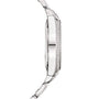 Side view of the Patek Philippe Twenty~4 7300/1200A-011, a silver wristwatch featuring a round, slim case and small diamonds set around the bezel.