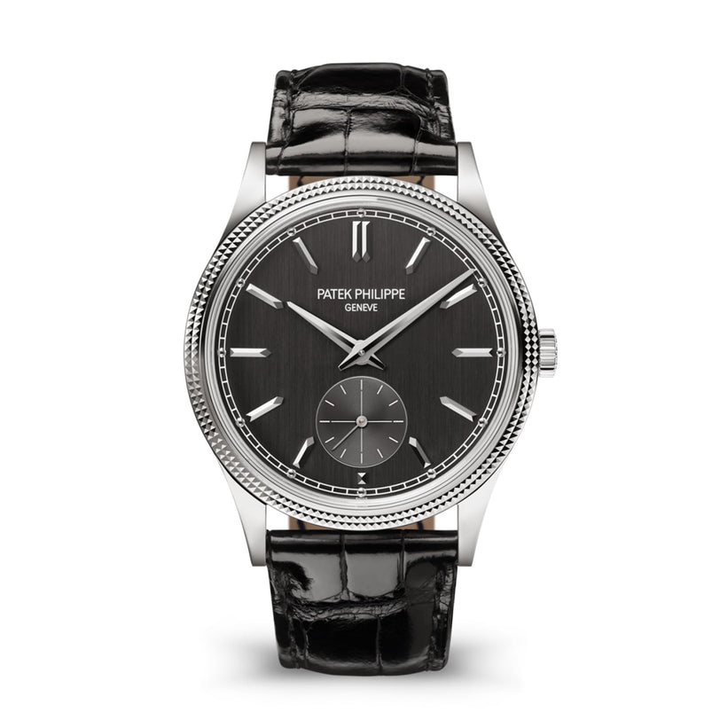 The Patek Philippe Calatrava 6119G-001 is a black wristwatch with a leather strap and silver accents, displayed against a white background.