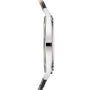 Side view of the slim Patek Philippe Calatrava 6119G-001 wristwatch, featuring a silver round case and metal strap, displayed against a white background.