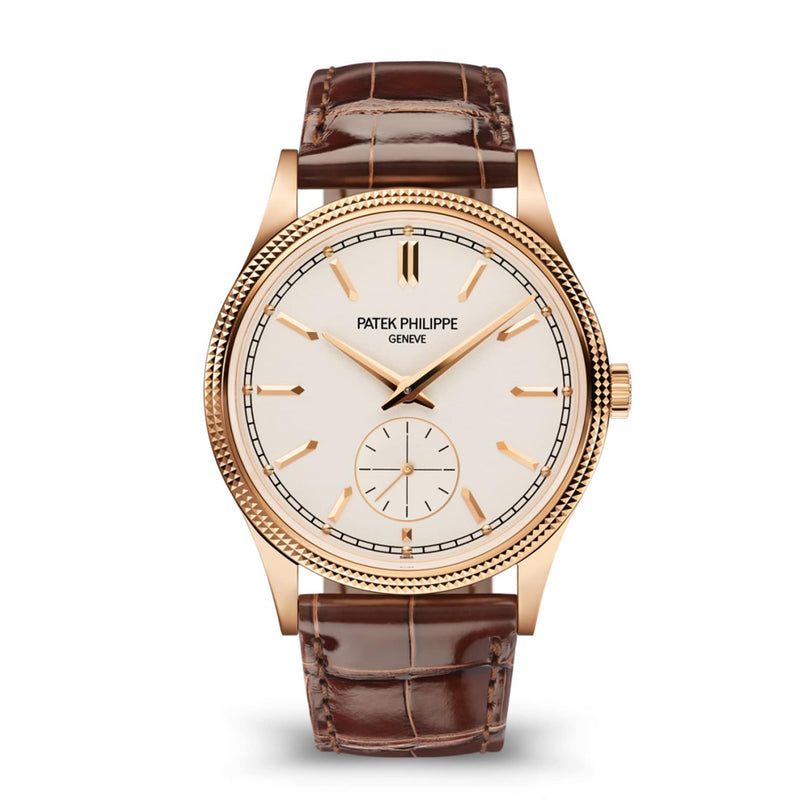 Patek Philippe Calatrava 6119R-001 gold wristwatch with white dial and brown leather strap, displaying time at 10:10.
